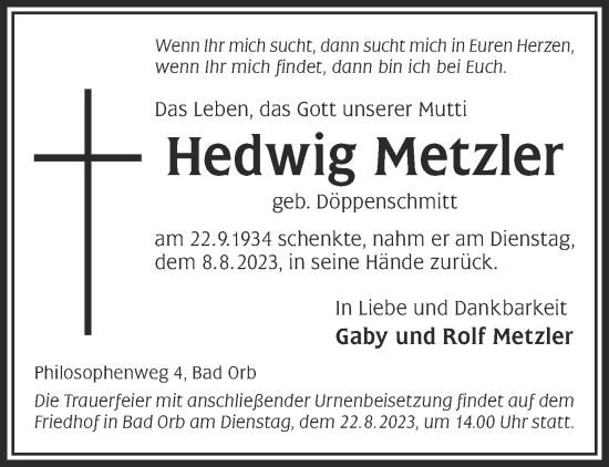Traueranzeige von Hedwig Metzler von Gelnhäuser Neue Zeitung