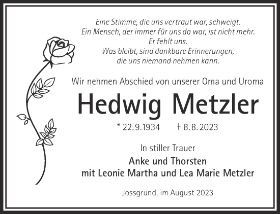 Traueranzeige von Hedwig Metzler von Gelnhäuser Neue Zeitung