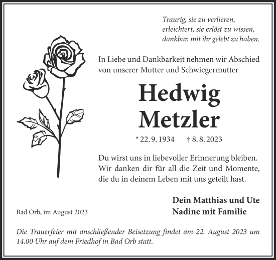 Traueranzeige von Hedwig Metzler von Gelnhäuser Neue Zeitung