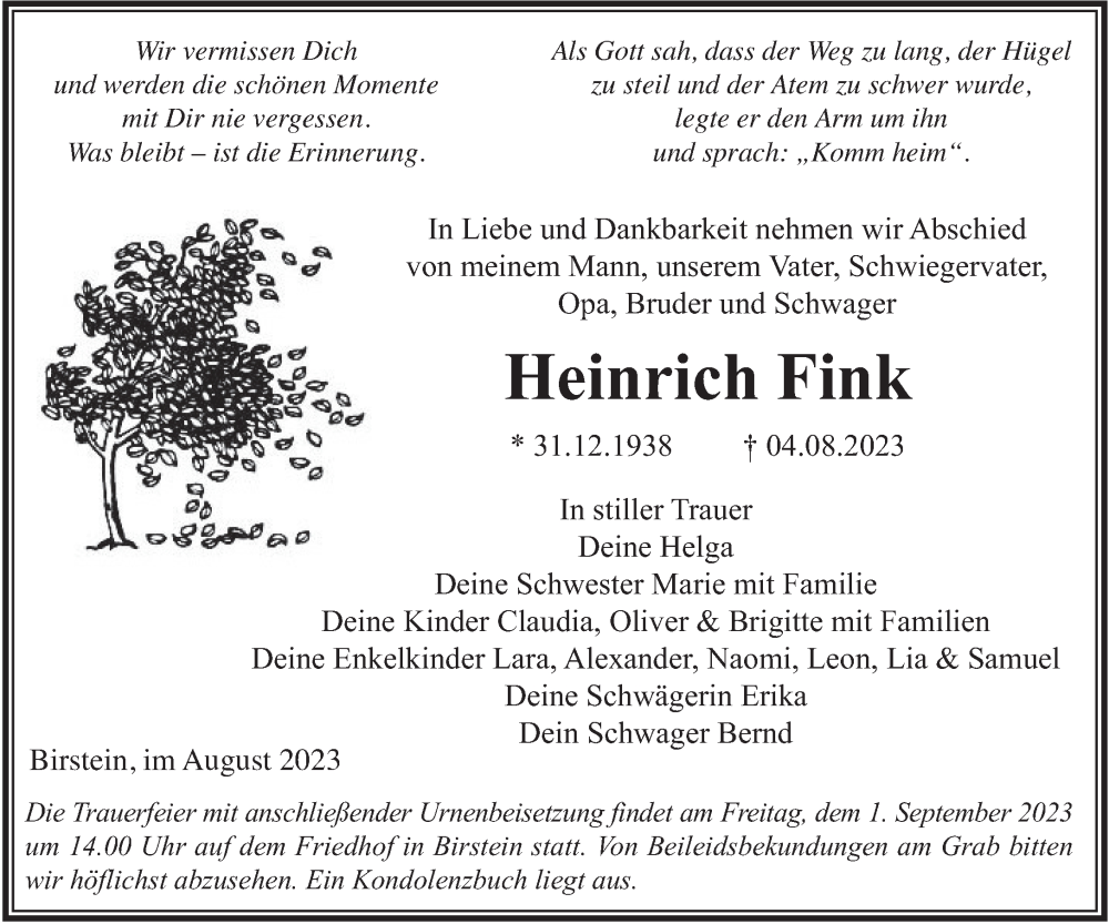  Traueranzeige für Heinrich Fink vom 19.08.2023 aus Gelnhäuser Neue Zeitung