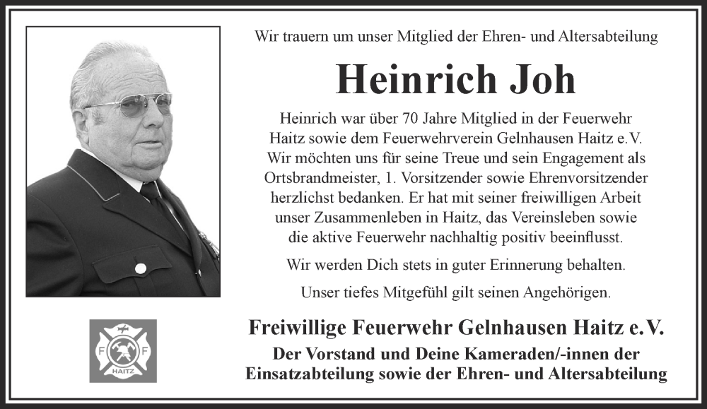  Traueranzeige für Heinrich Joh vom 26.08.2023 aus Mittelhessen-Bote