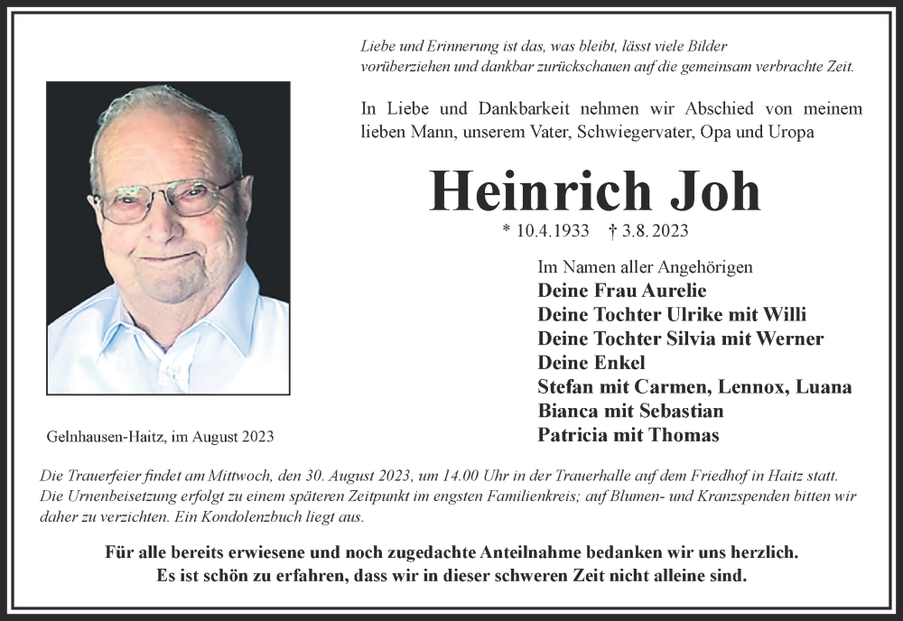  Traueranzeige für Heinrich Joh vom 26.08.2023 aus Mittelhessen-Bote