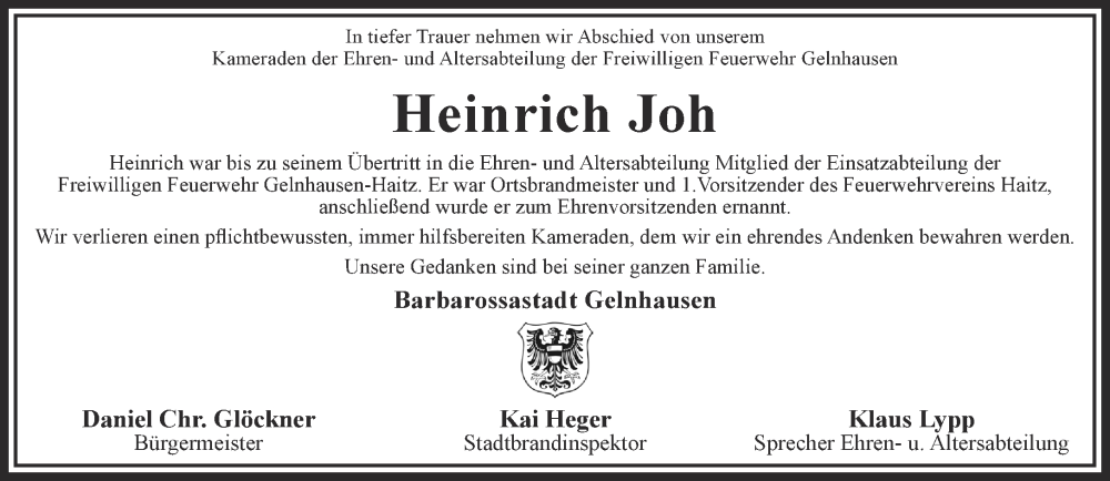  Traueranzeige für Heinrich Joh vom 19.08.2023 aus Gelnhäuser Neue Zeitung