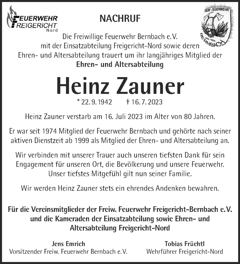  Traueranzeige für Heinz Zauner vom 08.08.2023 aus Gelnhäuser Neue Zeitung