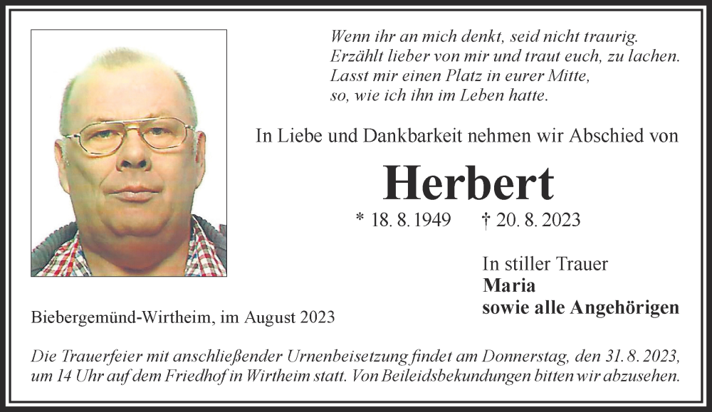  Traueranzeige für Herbert  vom 26.08.2023 aus Gelnhäuser Neue Zeitung