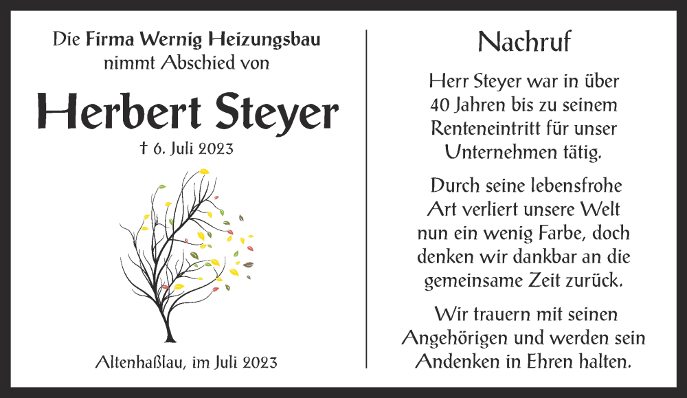  Traueranzeige für Herbert Steyer vom 05.08.2023 aus Mittelhessen-Bote