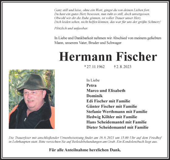Traueranzeige von Hermann Fischer von Gelnhäuser Neue Zeitung