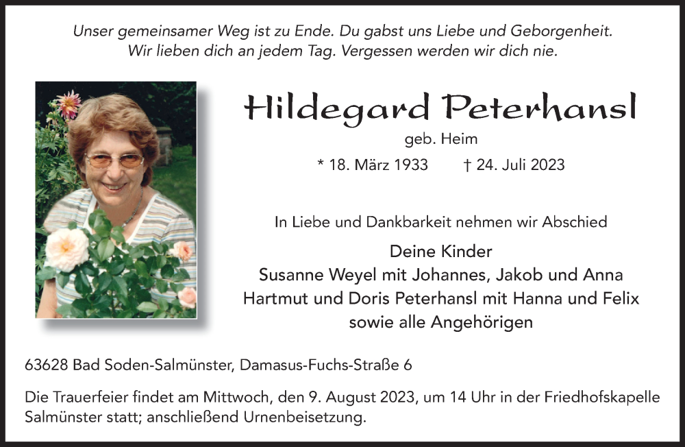  Traueranzeige für Hildegard Peterhansl vom 05.08.2023 aus Mittelhessen-Bote