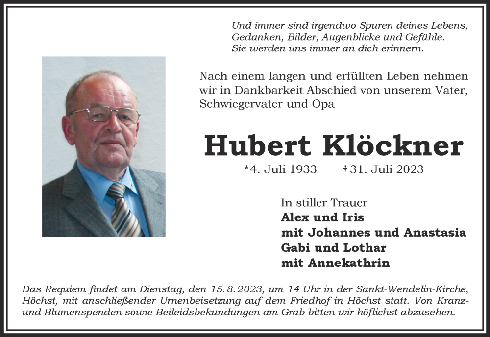  Traueranzeige für Hubert Klöckner vom 12.08.2023 aus Gelnhäuser Neue Zeitung