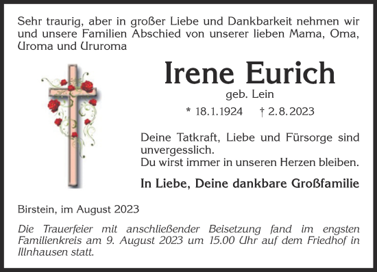 Traueranzeige von Irene Eurich von Mittelhessen-Bote