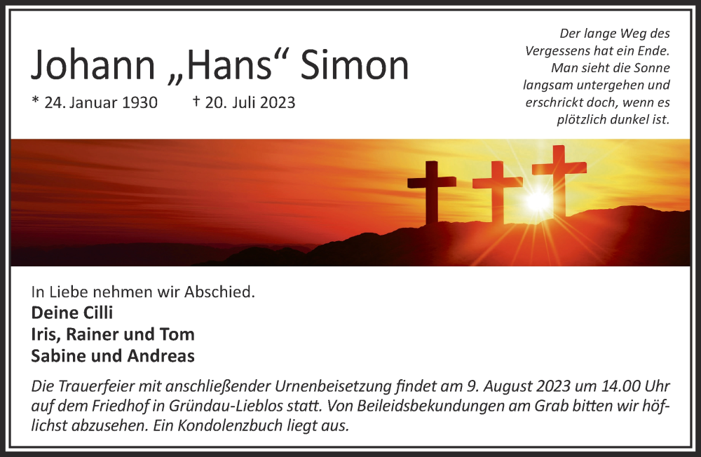  Traueranzeige für Johann Simon vom 05.08.2023 aus Mittelhessen-Bote