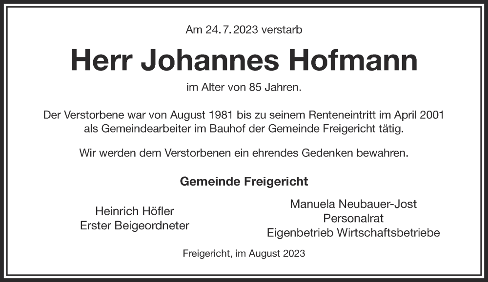  Traueranzeige für Johannes Hofmann vom 19.08.2023 aus Mittelhessen-Bote