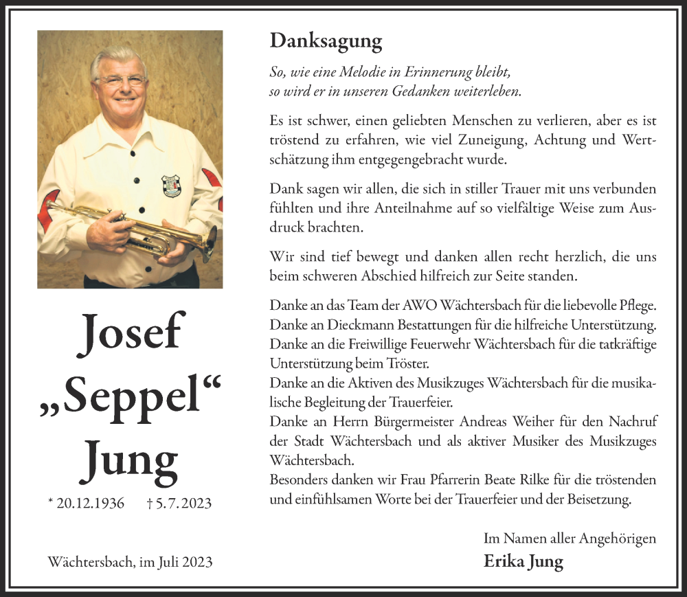  Traueranzeige für Josef Jung vom 05.08.2023 aus Mittelhessen-Bote