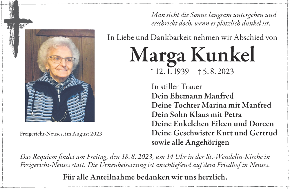  Traueranzeige für Marga Kunkel vom 12.08.2023 aus Gelnhäuser Neue Zeitung