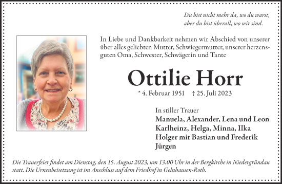 Traueranzeige von Ottilie Horr von Gelnhäuser Neue Zeitung