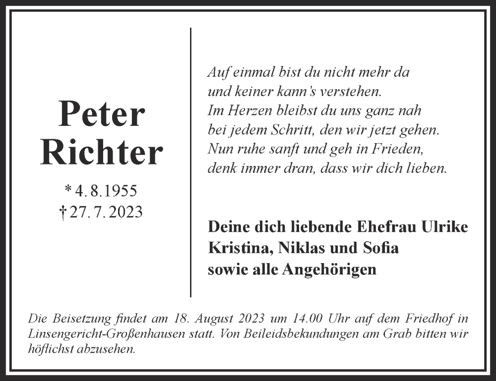  Traueranzeige für Peter Richter vom 12.08.2023 aus Gelnhäuser Neue Zeitung