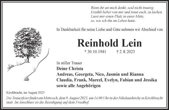Traueranzeige von Reinhold Lein von Gelnhäuser Neue Zeitung