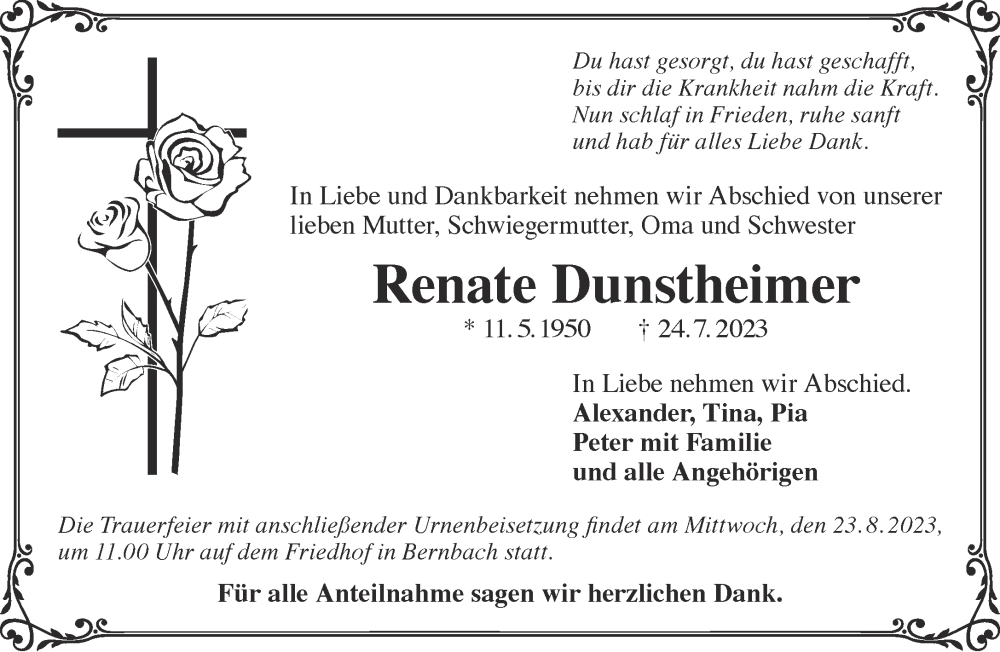  Traueranzeige für Renate Dunstheimer vom 05.08.2023 aus Gelnhäuser Neue Zeitung