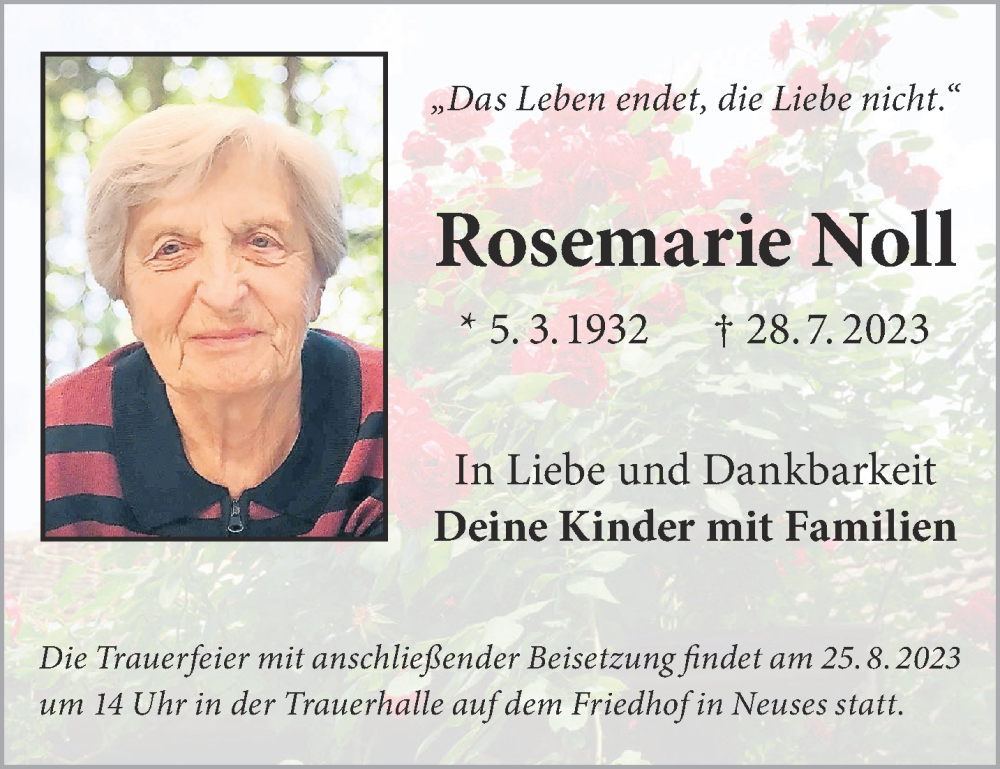  Traueranzeige für Rosemarie Noll vom 05.08.2023 aus Gelnhäuser Neue Zeitung
