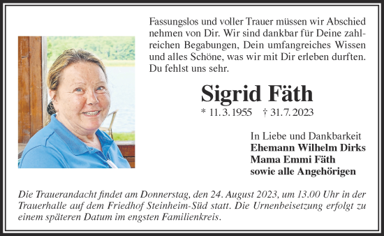 Traueranzeige von Sigrid Fäth von Gelnhäuser Neue Zeitung