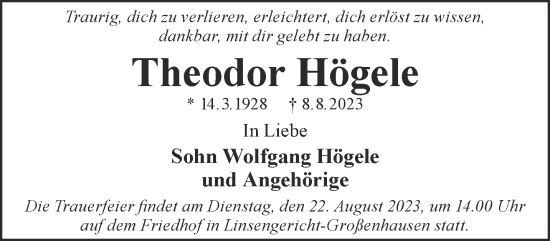 Traueranzeige von Theodor Högele von Gelnhäuser Neue Zeitung