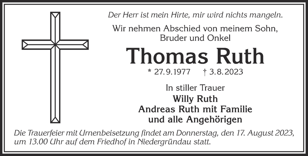  Traueranzeige für Thomas Ruth vom 12.08.2023 aus Gelnhäuser Neue Zeitung