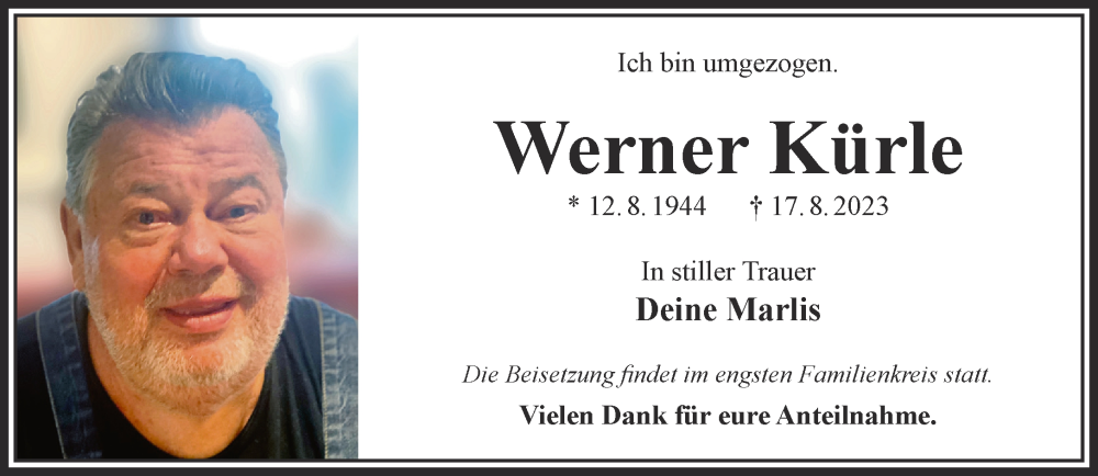  Traueranzeige für Werner Kürle vom 26.08.2023 aus Gelnhäuser Neue Zeitung