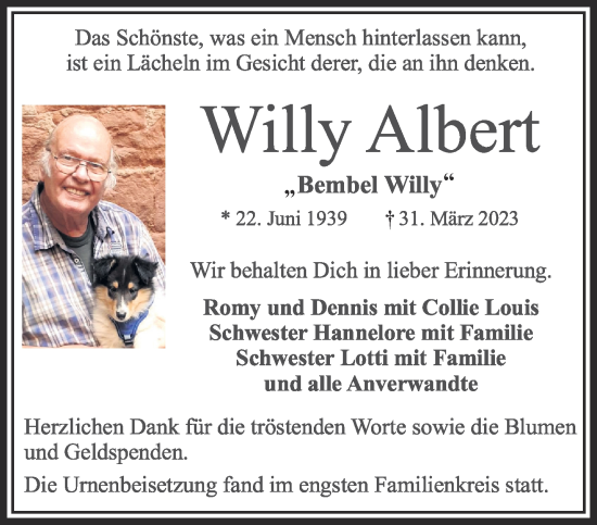 Traueranzeige von Willy Albert von Gelnhäuser Neue Zeitung