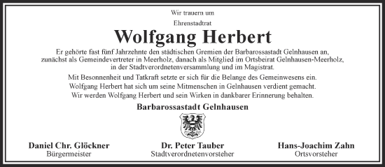 Traueranzeige von Wolfgang Herbert von Gelnhäuser Neue Zeitung