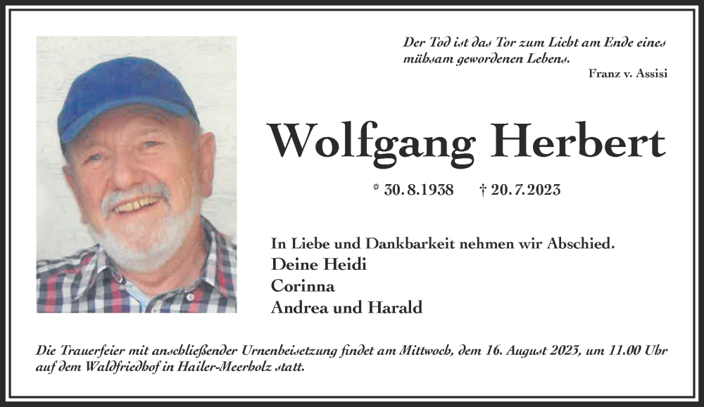  Traueranzeige für Wolfgang Herbert vom 12.08.2023 aus Mittelhessen-Bote