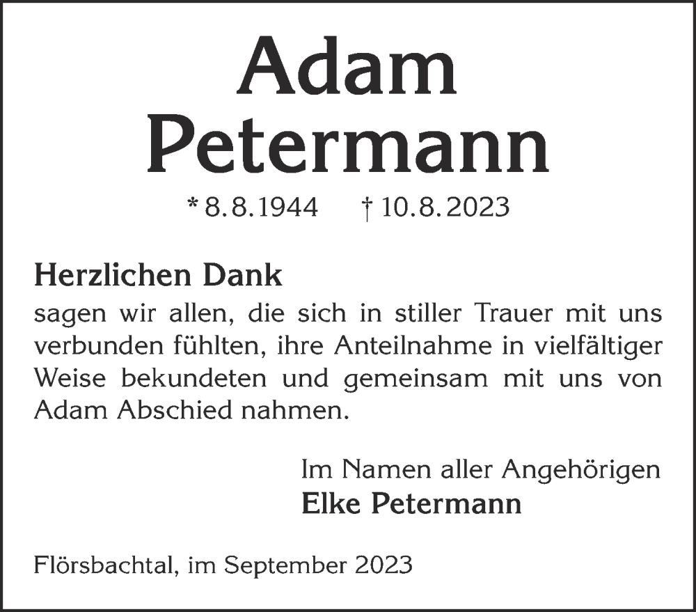  Traueranzeige für Adam Petermann vom 30.09.2023 aus Gelnhäuser Neue Zeitung