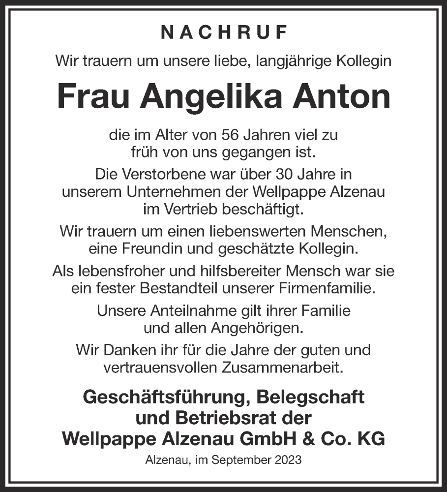  Traueranzeige für Angelika Anton vom 30.09.2023 aus Mittelhessen-Bote