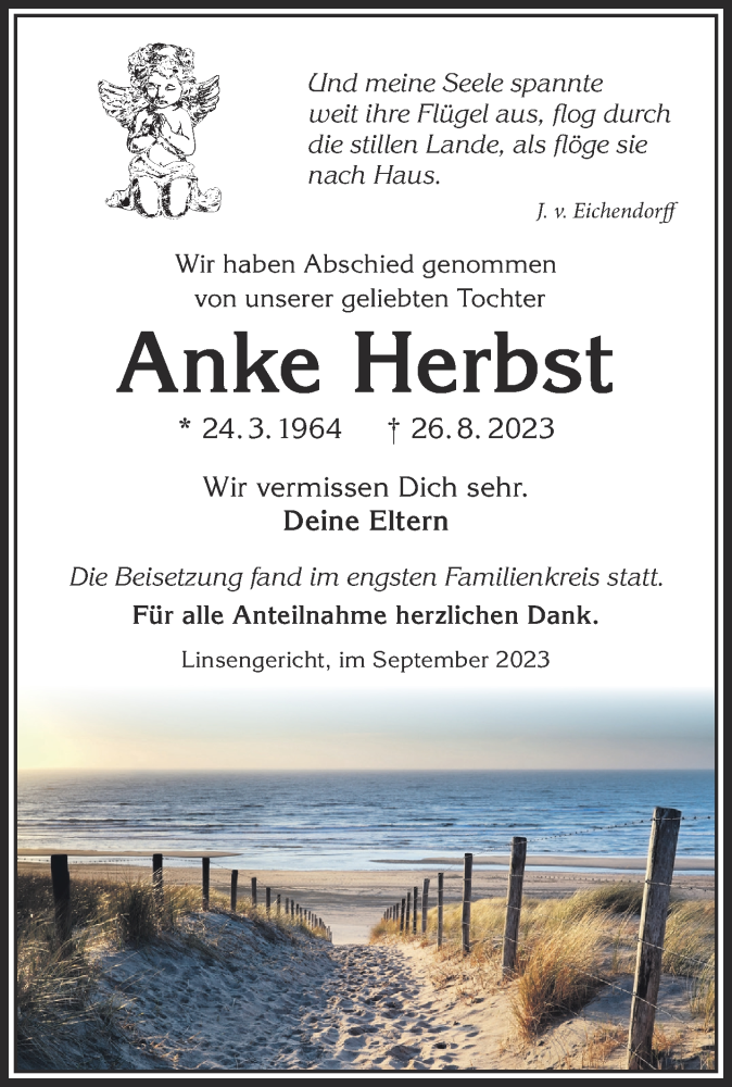  Traueranzeige für Anke Herbst vom 30.09.2023 aus Mittelhessen-Bote