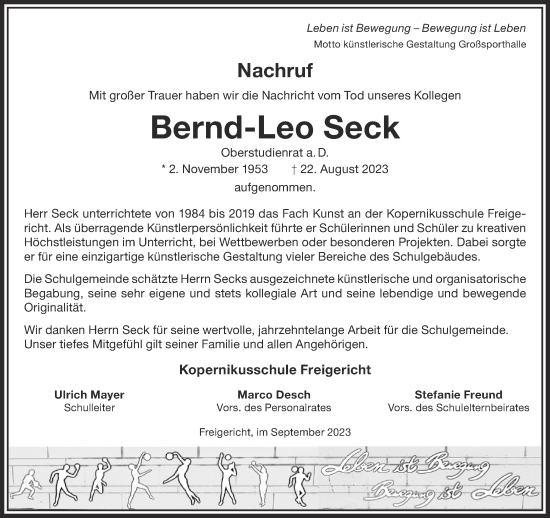 Traueranzeige von Bernd-Leo Seck von Gelnhäuser Neue Zeitung