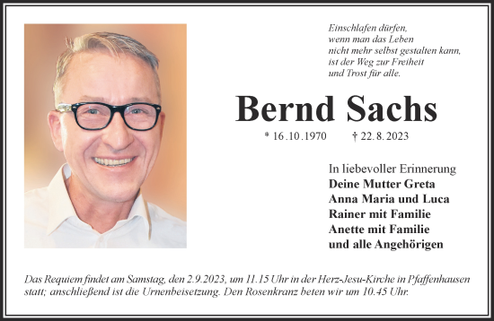 Traueranzeige von Bernd Sachs von Mittelhessen-Bote