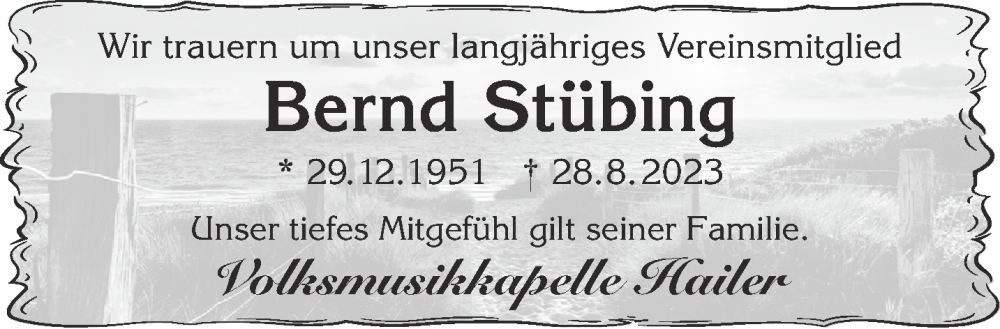  Traueranzeige für Bernd Stübing vom 16.09.2023 aus Gelnhäuser Neue Zeitung