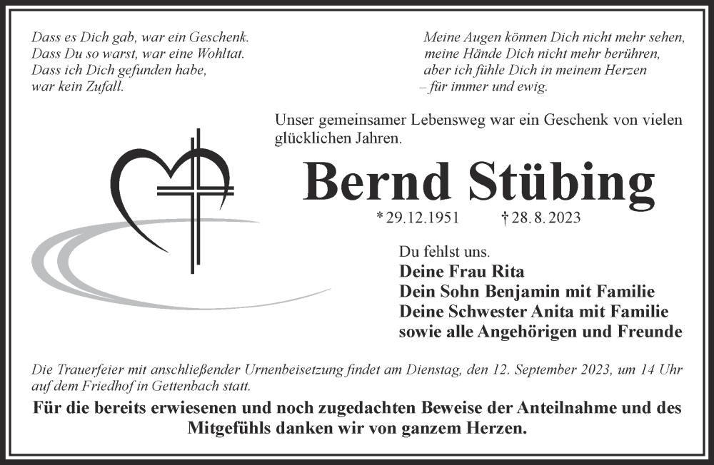  Traueranzeige für Bernd Stübing vom 09.09.2023 aus Gelnhäuser Neue Zeitung