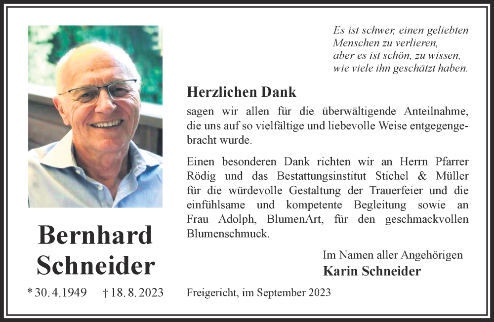  Traueranzeige für Bernhard Schneider vom 16.09.2023 aus Gelnhäuser Neue Zeitung
