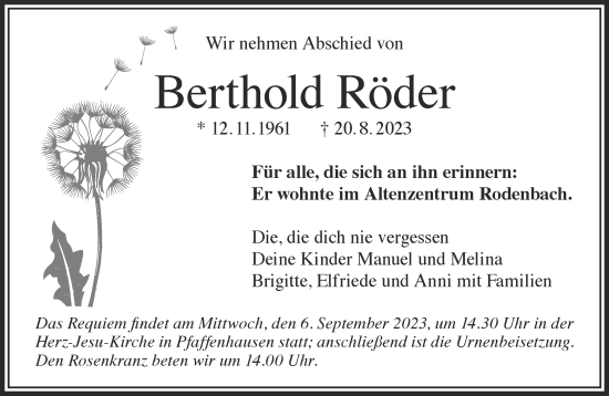 Traueranzeige von Berthold Röder von Gelnhäuser Neue Zeitung