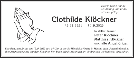 Traueranzeige von Clothilde Klöckner von Gelnhäuser Neue Zeitung