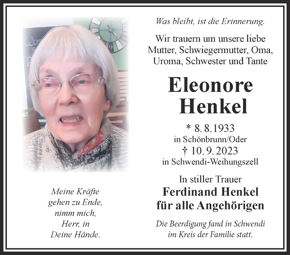 Traueranzeige für Eleonore Henkel vom 23.09.2023 aus Gelnhäuser Neue Zeitung