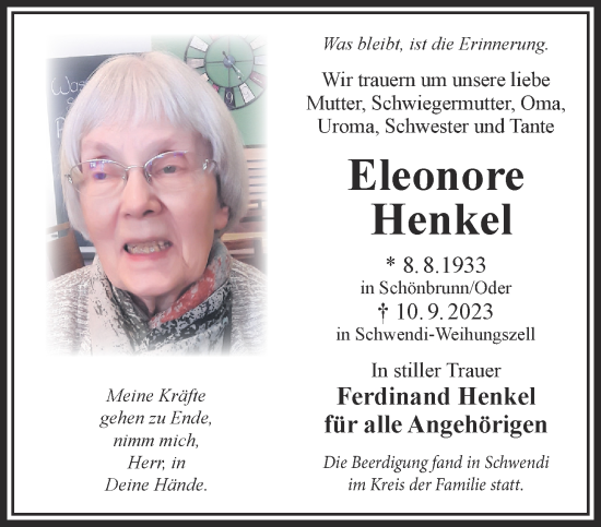 Traueranzeige von Eleonore Henkel von Gelnhäuser Neue Zeitung
