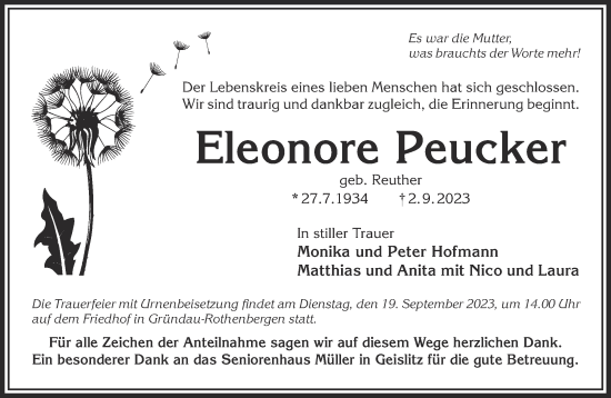 Traueranzeige von Eleonore Peucker von Mittelhessen-Bote
