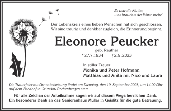 Traueranzeige von Eleonore Peucker von Gelnhäuser Neue Zeitung