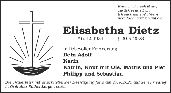 Traueranzeige von Elisabetha Dietz von Mittelhessen-Bote