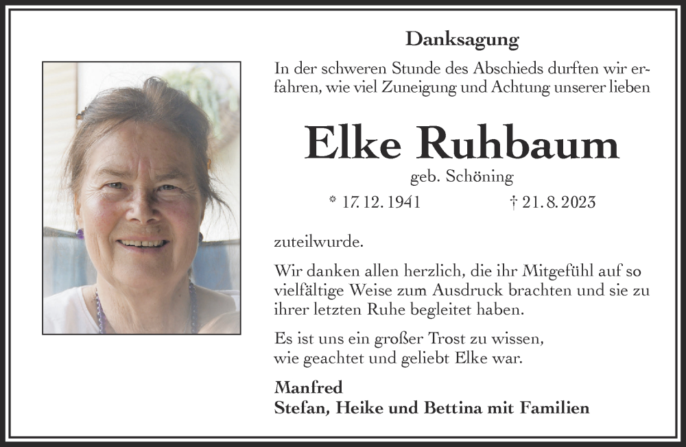  Traueranzeige für Elke Ruhbaum vom 16.09.2023 aus Gelnhäuser Neue Zeitung