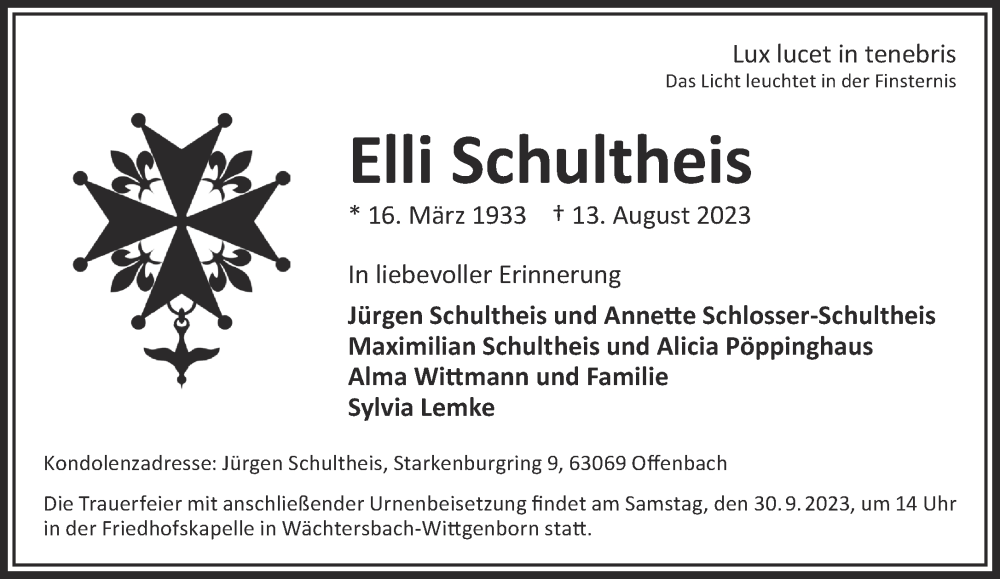  Traueranzeige für Elli Schultheis vom 16.09.2023 aus Gelnhäuser Neue Zeitung
