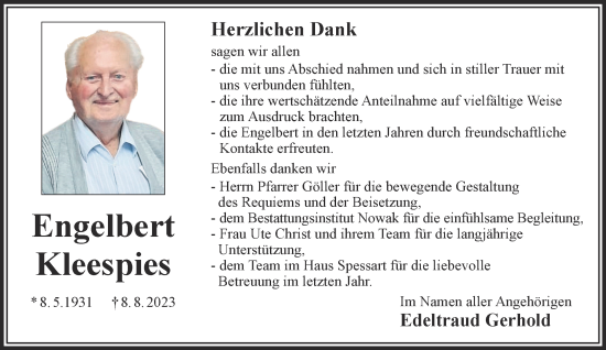 Traueranzeige von Engelbert Kleespies von Gelnhäuser Neue Zeitung