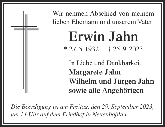 Traueranzeige von Erwin Jahn von Gelnhäuser Neue Zeitung