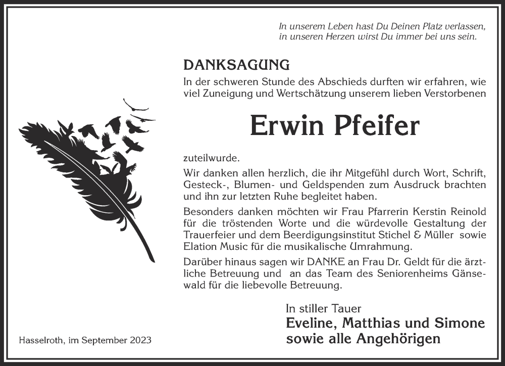  Traueranzeige für Erwin Pfeifer vom 23.09.2023 aus Gelnhäuser Neue Zeitung